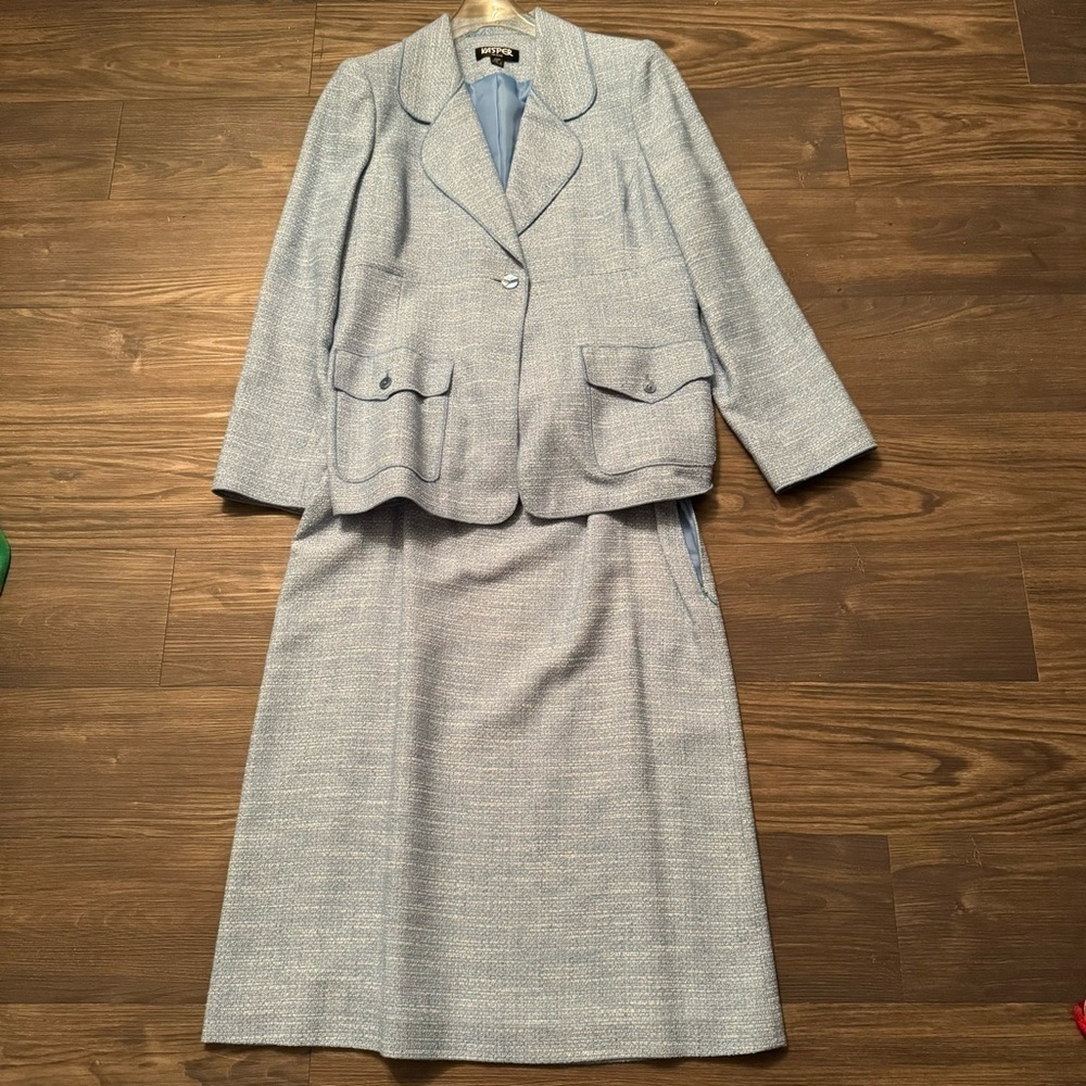 Kasper Light Blue Tweed Blazer and Skirt Set